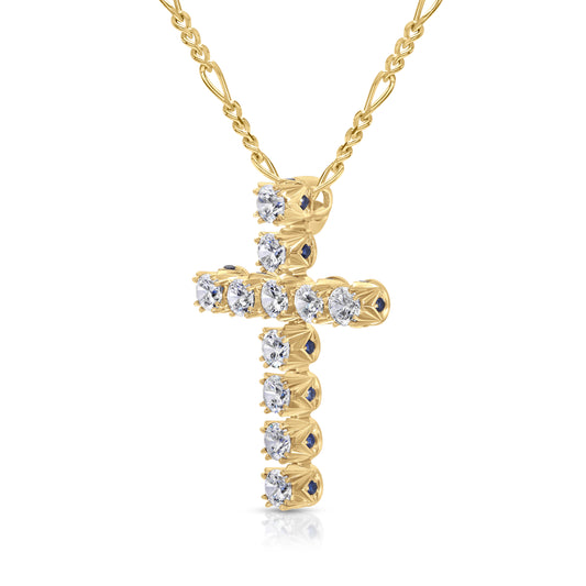Crowné Petite Sapphire & Diamond Cross Pendant in Yellow Gold